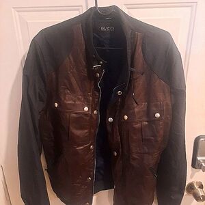 Authentic Brown and Black leather Gucci bomber jacket